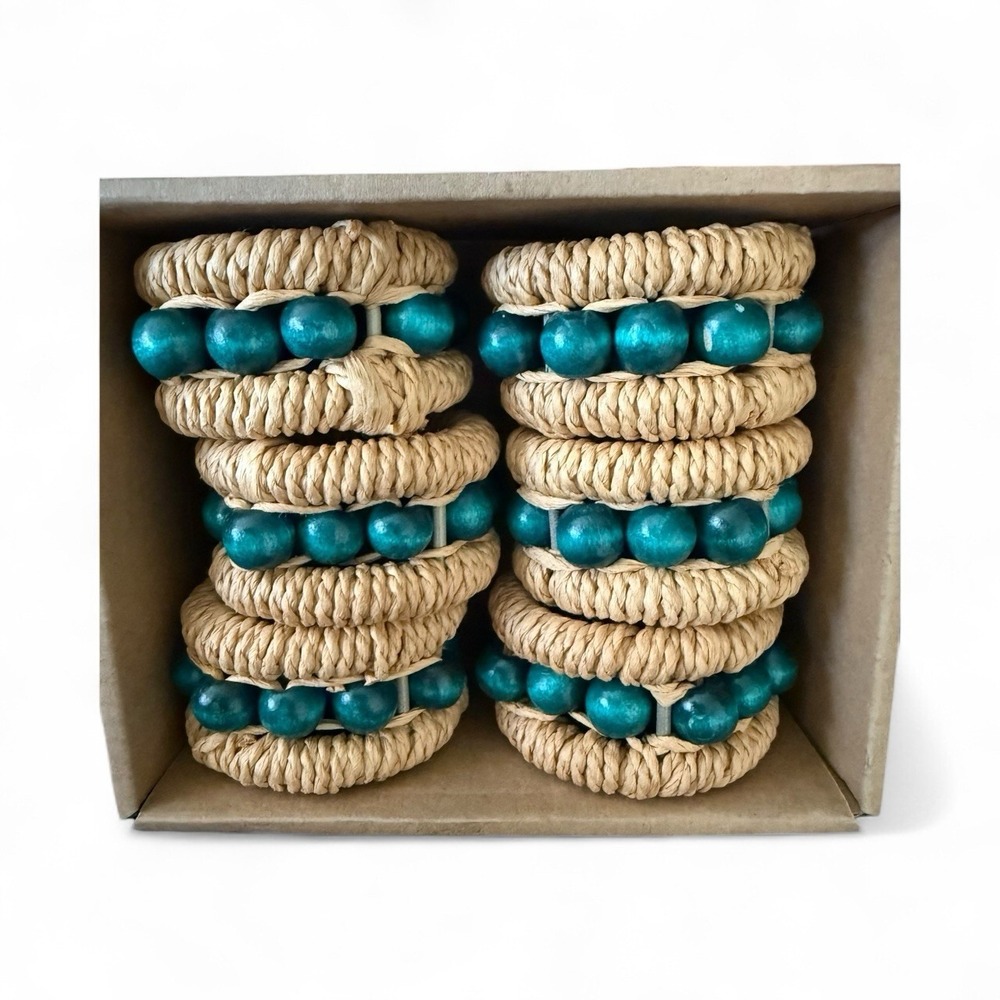 Six Rattan Napkin Rings Turquoise Beads Metal Frame Woven Boho‎